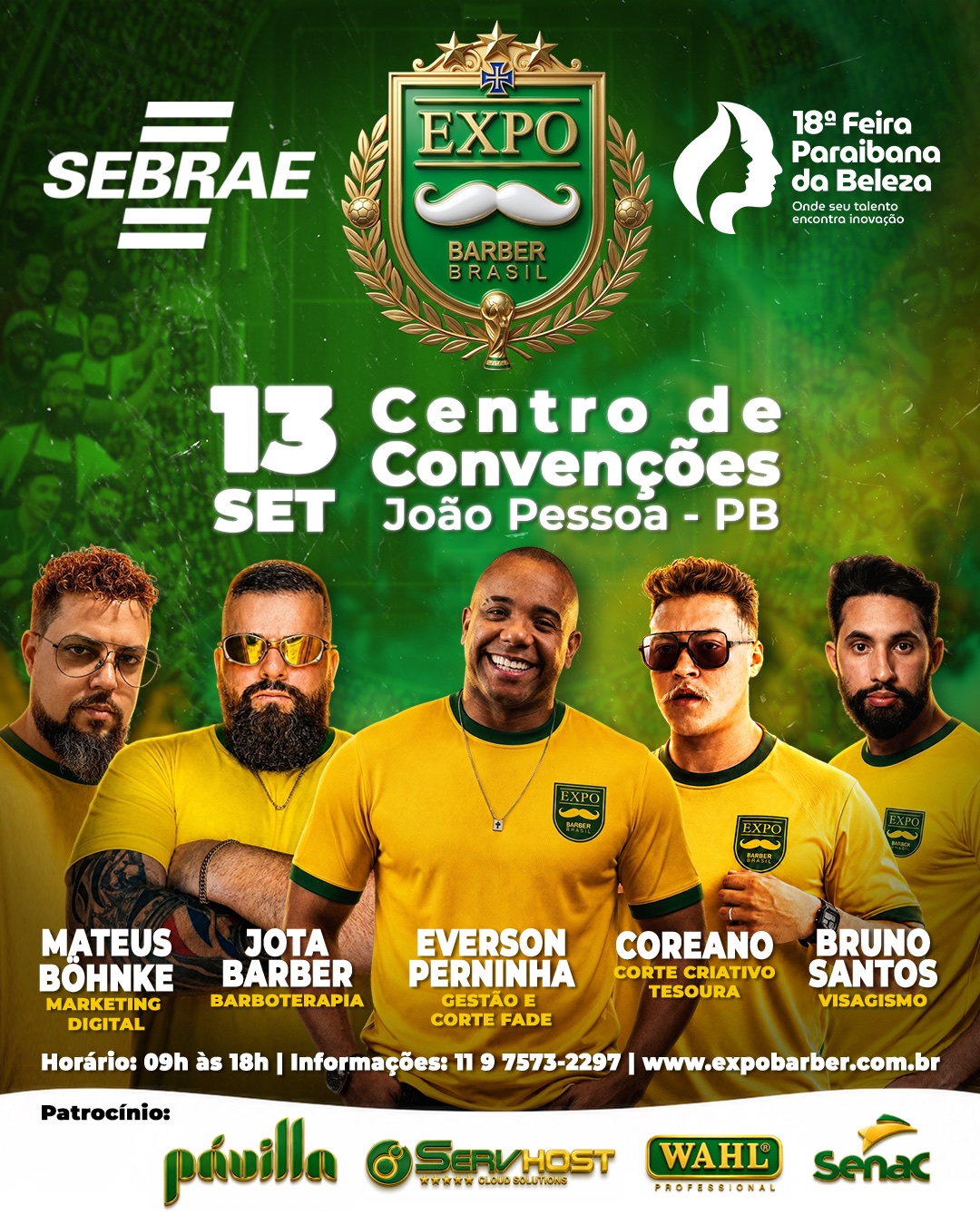 Flyer da Expo Barber Brasil com data, local, palestrantes e patrocinadores.