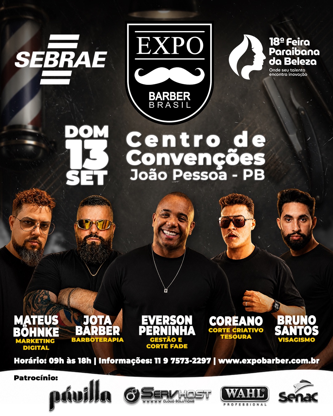 Flyer da Expo Barber Brasil com data, local, palestrantes e patrocinadores.